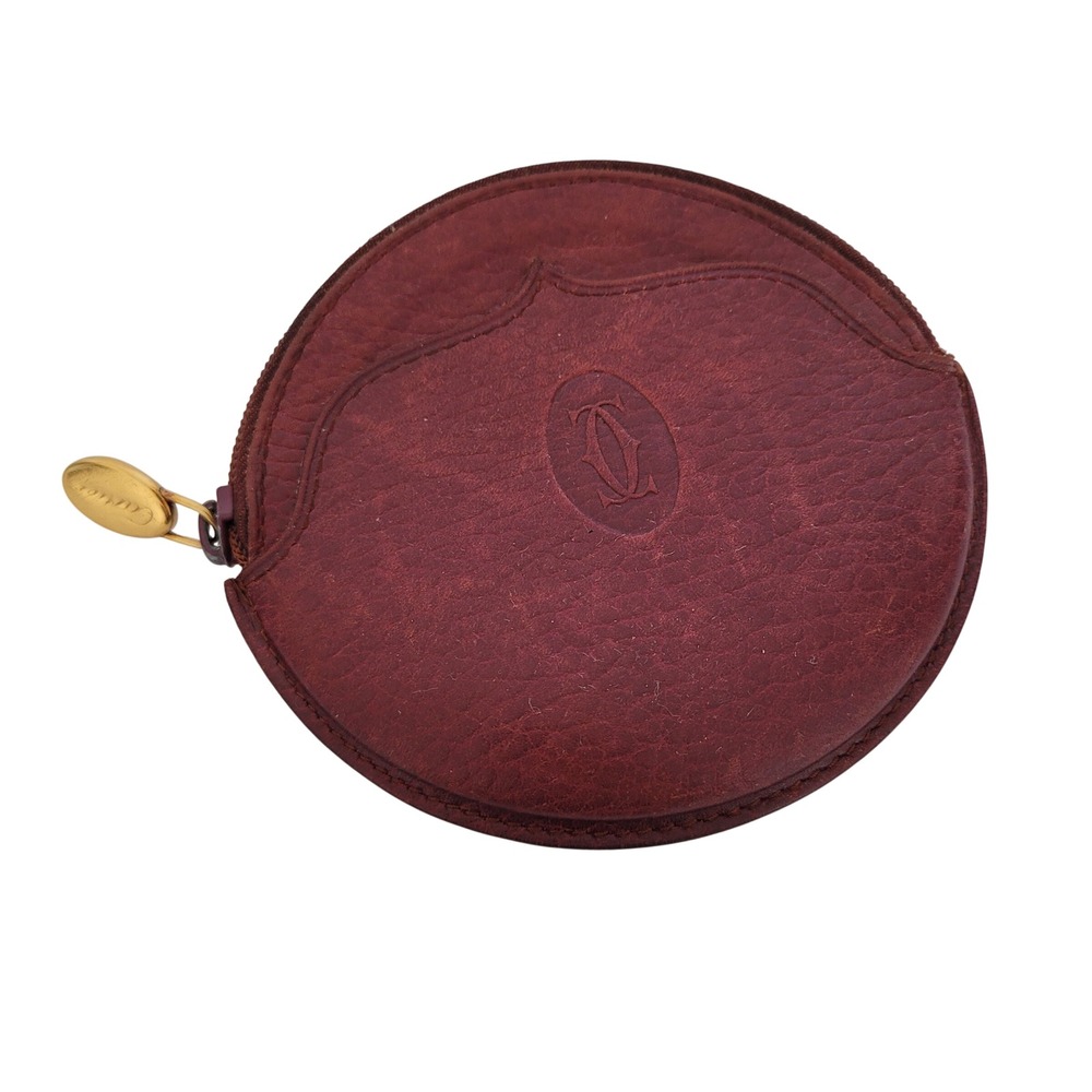 Cartier Must de Cartier Burgundy Leather Round Coin Purse Vintage Gold Hardware